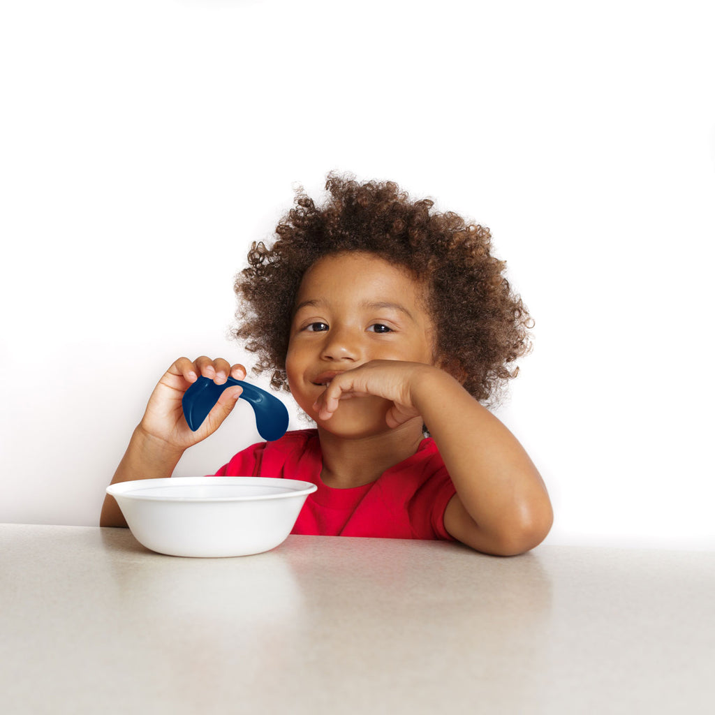 curved baby and toddler spoon for self-feeding in blue