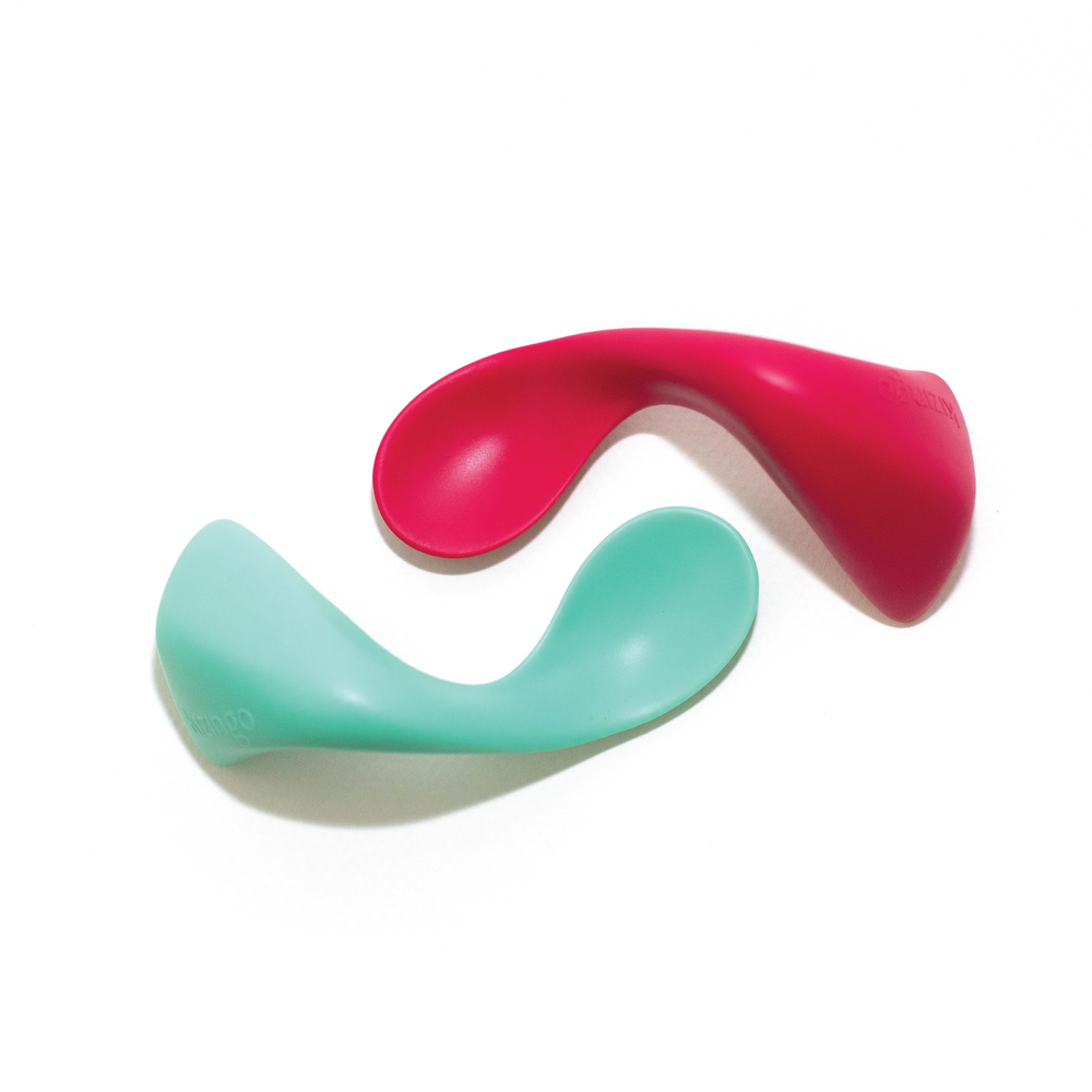 pink and mint green curved toddler spoons