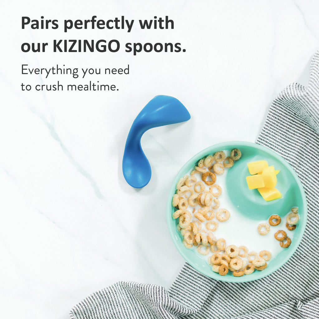 Kizingo Right-Handed Curved Baby Spoons for Toddler Self Feeding (2-Pack,  Pink Raspberry and Mint Green)